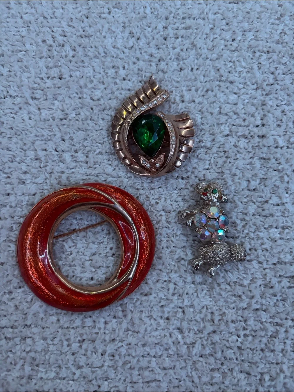 Vintage Red Enamel Circle Brooch, Green Teardrop & Iridescent Poodle Pin Set